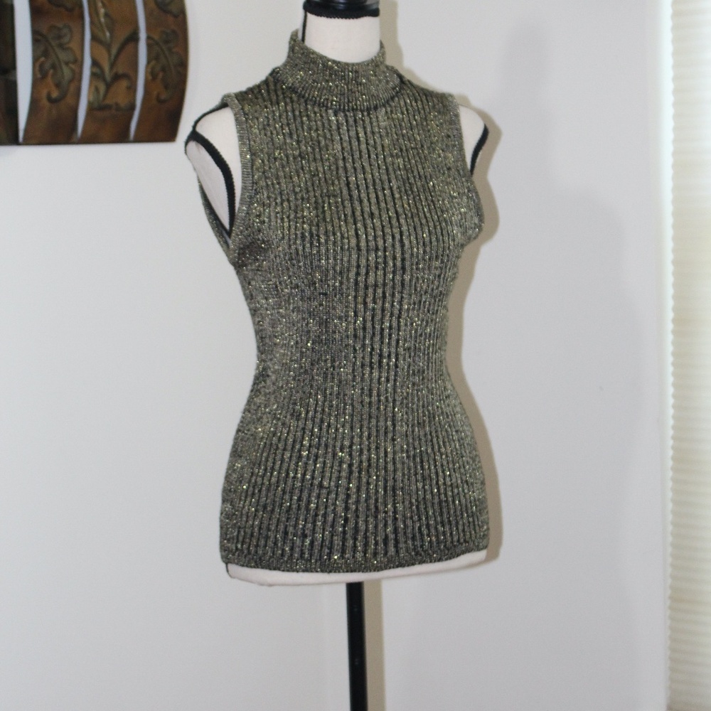 Counterparts, 90s Black and Gold Metallic tank top sleeveless mock turtleneck...